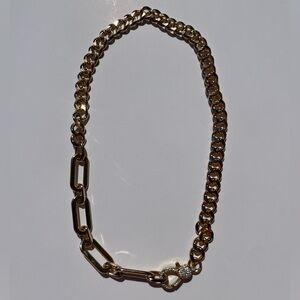 Gold Plated Mixed Link Chain Statement Necklace with Pavé Clasp